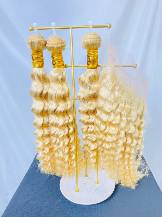 3 BLONDE 28 INCH WATER WAVE BUNDLES WITH 14 INCH WATER WAVE FRONTAL